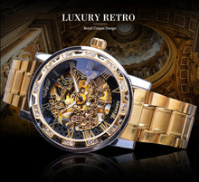 Load image into Gallery viewer, Golden Classic Rhinestone Roman Analog  Skeleton Automatic Mechanical Men's Watch
