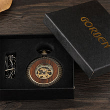 Load image into Gallery viewer, Box Package Solid Wood Mechanical Pocket Watch FOB Chain Locket Dial Hollow Steampunk Skeleton Men Women Mens Male Clock Watches