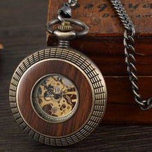 Load image into Gallery viewer, Box Package Solid Wood Mechanical Pocket Watch FOB Chain Locket Dial Hollow Steampunk Skeleton Men Women Mens Male Clock Watches