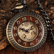 Load image into Gallery viewer, Box Package Solid Wood Mechanical Pocket Watch FOB Chain Locket Dial Hollow Steampunk Skeleton Men Women Mens Male Clock Watches