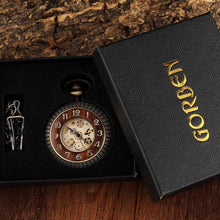 Load image into Gallery viewer, Box Package Solid Wood Mechanical Pocket Watch FOB Chain Locket Dial Hollow Steampunk Skeleton Men Women Mens Male Clock Watches