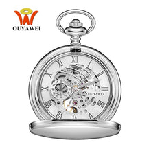 Load image into Gallery viewer, New OYW Brand Stainless Steel Men Fashion Casual Pocket Watch Skeleton dial Silver Hand Wind Mechanical Male Fob Chain Watches
