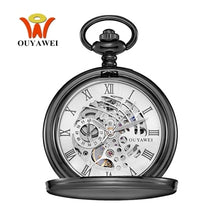 Load image into Gallery viewer, New OYW Brand Stainless Steel Men Fashion Casual Pocket Watch Skeleton dial Silver Hand Wind Mechanical Male Fob Chain Watches