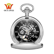 Load image into Gallery viewer, New OYW Brand Stainless Steel Men Fashion Casual Pocket Watch Skeleton dial Silver Hand Wind Mechanical Male Fob Chain Watches