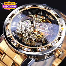 Load image into Gallery viewer, Golden Classic Rhinestone Roman Analog  Skeleton Automatic Mechanical Men's Watch