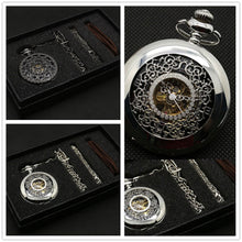 Load image into Gallery viewer, Fashion Hollow Flower Silver Hand Winding Mechanical Pocket Watch Mens Womens Box Bag