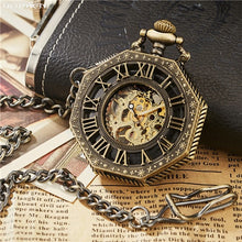 Load image into Gallery viewer, Luxury Unique Hexagonal Roman Number Pocket Watch with FOB Chain Steampunk Full Steel Mechanical Hand-winding Gold Pocket Watch