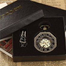 Load image into Gallery viewer, Luxury Unique Hexagonal Roman Number Pocket Watch with FOB Chain Steampunk Full Steel Mechanical Hand-winding Gold Pocket Watch