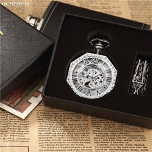 Load image into Gallery viewer, Luxury Unique Hexagonal Roman Number Pocket Watch with FOB Chain Steampunk Full Steel Mechanical Hand-winding Gold Pocket Watch