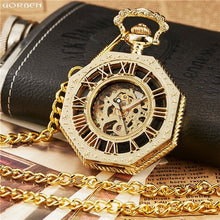 Load image into Gallery viewer, Luxury Unique Hexagonal Roman Number Pocket Watch with FOB Chain Steampunk Full Steel Mechanical Hand-winding Gold Pocket Watch