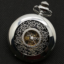Load image into Gallery viewer, Fashion Hollow Flower Silver Hand Winding Mechanical Pocket Watch Mens Womens Box Bag