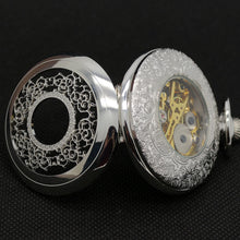 Load image into Gallery viewer, Fashion Hollow Flower Silver Hand Winding Mechanical Pocket Watch Mens Womens Box Bag