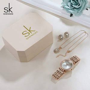 Shengke Quartz Watch Rose Gold Women Jewelry Set SK  Watches Earrings Necklace Women's Day Gift