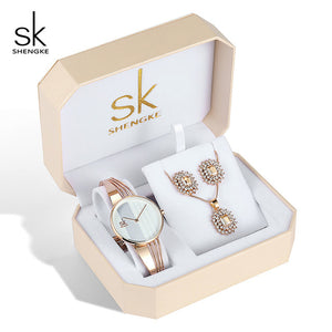Shengke Quartz Watch Rose Gold Women Jewelry Set SK  Watches Earrings Necklace Women's Day Gift