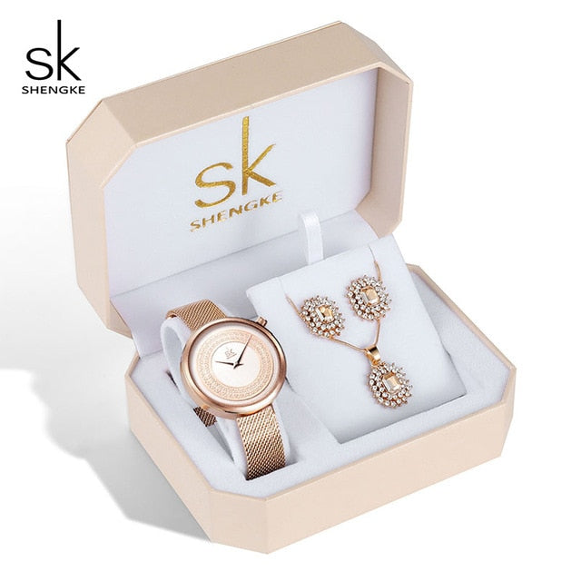 Shengke Quartz Watch Rose Gold Women Jewelry Set SK  Watches Earrings Necklace Women's Day Gift