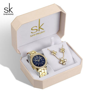 Shengke Quartz Watch Rose Gold Women Jewelry Set SK  Watches Earrings Necklace Women's Day Gift