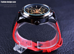 Motorcycle Design Genuine Black Belt Skeleton Men's Automatic Watch