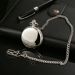 Retro Smooth Men Black Pocket Watch Silver Polish Quartz Fob Pocket Watches Pendant with Chain