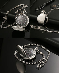 Retro Smooth Men Black Pocket Watch Silver Polish Quartz Fob Pocket Watches Pendant with Chain
