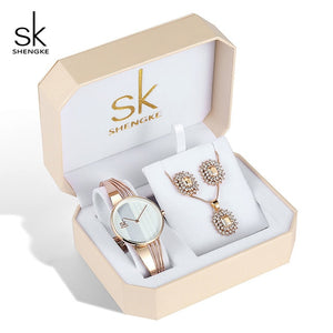Shengke Creative Luxury Woman Watch Rose Gold Box Watches for Women Gift Necklace Watch Set Stainless Steel Wrist Watches