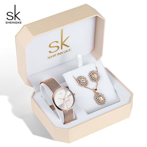 Shengke Creative Luxury Woman Watch Rose Gold Box Watches for Women Gift Necklace Watch Set Stainless Steel Wrist Watches