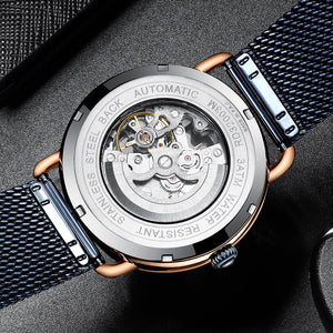 Brand Fashion Color Glass Automatic Mechanical Steel Mesh Strap Skeleton Wrist Watch