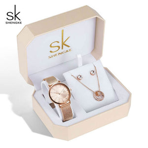 SK Creative Luxury Jewelry Set Woman  Gift Watch Earring Necklace Watch Set for Women Watches Crystal Rose Gold Watch Bangle