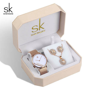 SK Creative Luxury Jewelry Set Woman  Gift Watch Earring Necklace Watch Set for Women Watches Crystal Rose Gold Watch Bangle