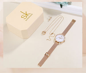 SK Creative Luxury Jewelry Set Woman  Gift Watch Earring Necklace Watch Set for Women Watches Crystal Rose Gold Watch Bangle