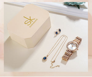SK Creative Luxury Jewelry Set Woman  Gift Watch Earring Necklace Watch Set for Women Watches Crystal Rose Gold Watch Bangle