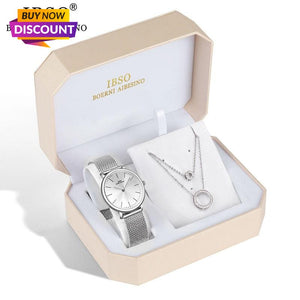 IBSO Brand Quartz Wristwatches Necklace Earring Combination Set Women Watch  Wristwatches Metal Strap Ladies Watches for Gift