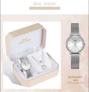 IBSO Brand Quartz Wristwatches Necklace Earring Combination Set Women Watch  Wristwatches Metal Strap Ladies Watches for Gift