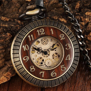 Box Package Solid Wood Mechanical Pocket Watch FOB Chain Locket Dial Hollow Steampunk Skeleton Men Women Mens Male Clock Watches