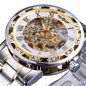 Golden Classic Rhinestone Roman Analog  Skeleton Automatic Mechanical Men's Watch