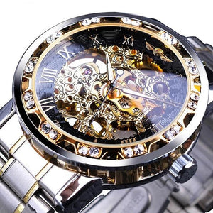 Golden Classic Rhinestone Roman Analog  Skeleton Automatic Mechanical Men's Watch