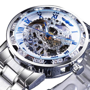 Golden Classic Rhinestone Roman Analog  Skeleton Automatic Mechanical Men's Watch