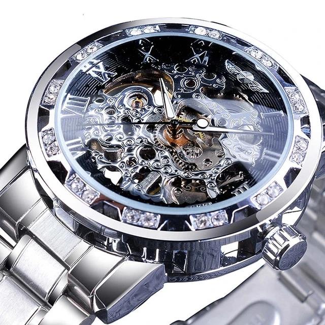 Golden Classic Rhinestone Roman Analog  Skeleton Automatic Mechanical Men's Watch