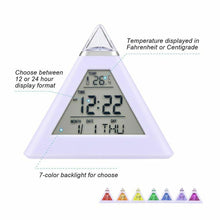 Load image into Gallery viewer, Table Clocks Triangled 7 Colors Changing LED Temperature Week Display Digital Alarm Clock Table Decor Clocks Room Bedside Clock
