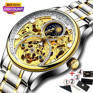 2020 New Luxury Blue Gold Skeleton Automatic Self-Wind Watch