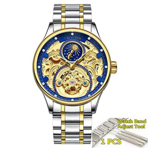 2020 New Luxury Blue Gold Skeleton Automatic Self-Wind Watch