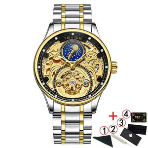 2020 New Luxury Blue Gold Skeleton Automatic Self-Wind Watch