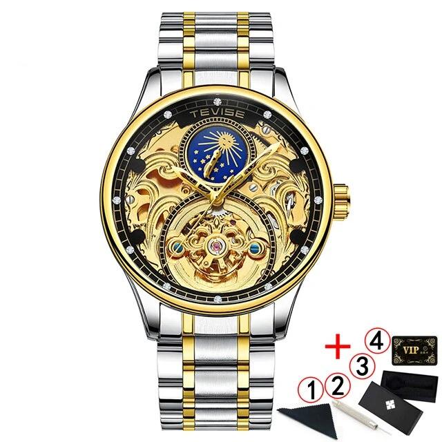 2020 New Luxury Blue Gold Skeleton Automatic Self-Wind Watch