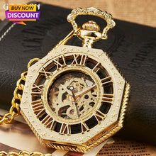 Load image into Gallery viewer, Luxury Unique Hexagonal Roman Number Pocket Watch with FOB Chain Steampunk Full Steel Mechanical Hand-winding Gold Pocket Watch
