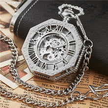 Load image into Gallery viewer, Luxury Unique Hexagonal Roman Number Pocket Watch with FOB Chain Steampunk Full Steel Mechanical Hand-winding Gold Pocket Watch
