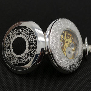 Fashion Hollow Flower Silver Hand Winding Mechanical Pocket Watch Mens Womens Box Bag