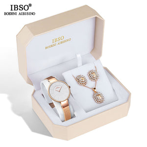 IBSO Luxury Women Set Earrings Necklace Watches 2019 New Fashion Stainless Steel Ladies Watches With Jewelry Set Gifts For Women
