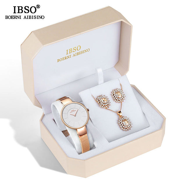 IBSO Luxury Women Set Earrings Necklace Watches 2019 New Fashion Stainless Steel Ladies Watches With Jewelry Set Gifts For Women